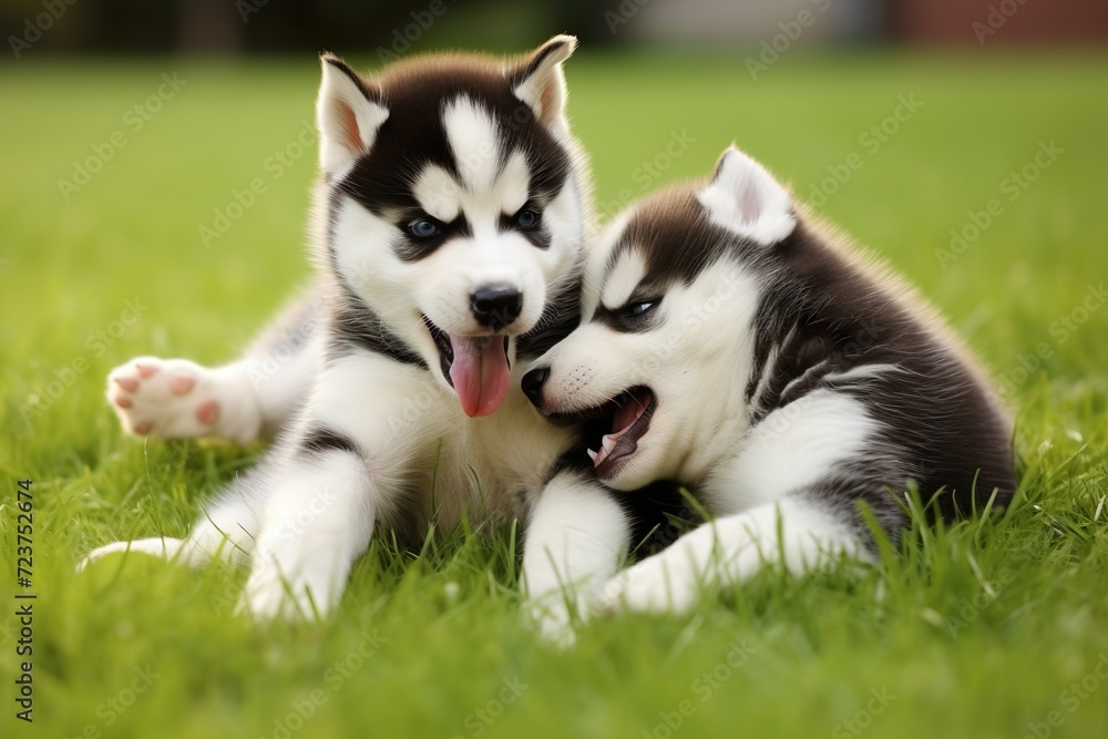 cute husky dogs sitting on grass