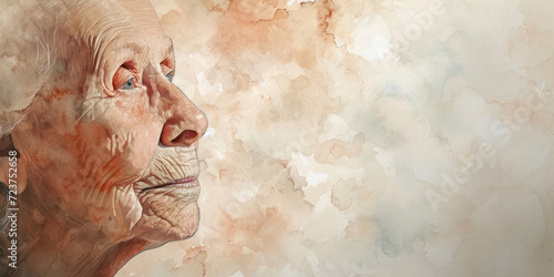 Artistic depiction of elderly woman's profile, gentle gaze, watercolor textures, soft color palette, serene expression, detailed wrinkles, wisdom, age, side view. Concept of International Women's Day. © zakiroff