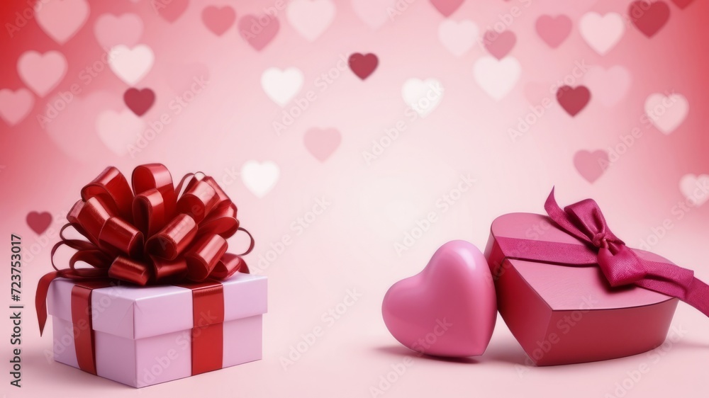 Two presents, one wrapped in pink paper with a red bow and the other shaped like a heart and wrapped in pink paper with a red bow. Both are placed on a pink background.