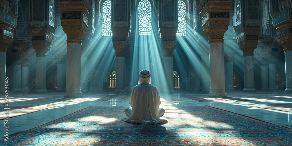 Obraz premium Sunlight Beams Through Arches in a Grand Mosque Generative AI