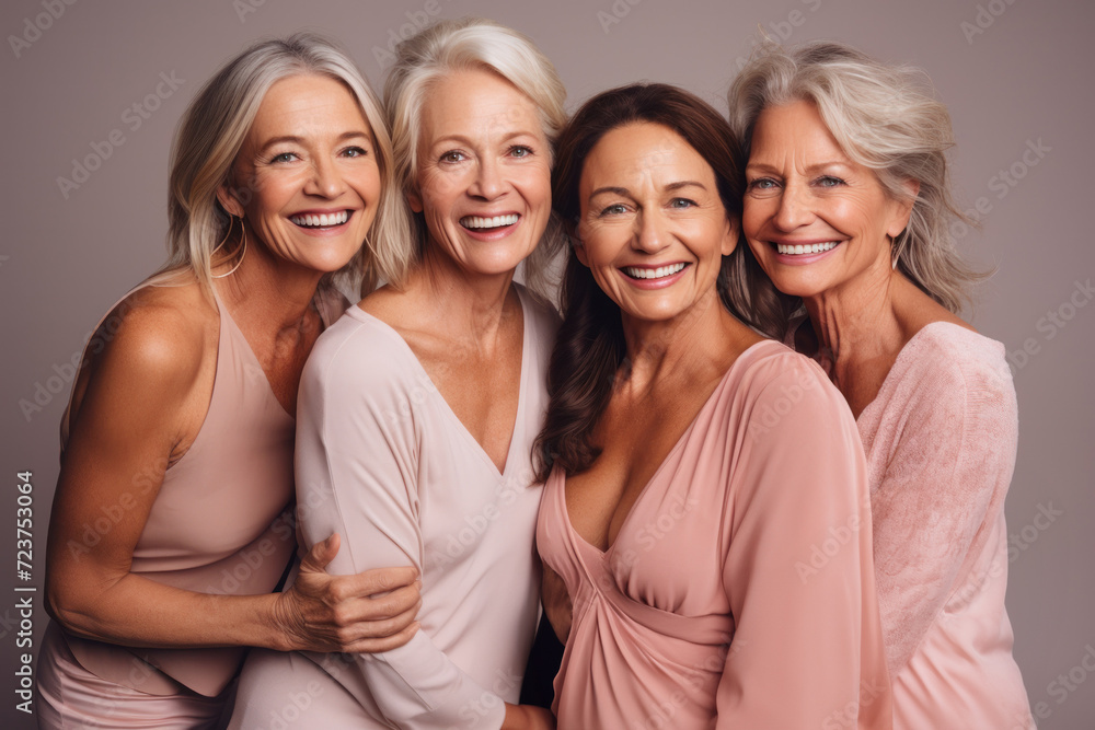 A cheerful group of diverse retired women enjoying togetherness and laughter in a studio portrait. A cheerful group of diverse retired women enjoying togetherness and laughter in a studio portrait.