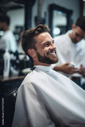 In a barbershop, a satisfied and handsome man receives expert grooming and a stylish haircut.