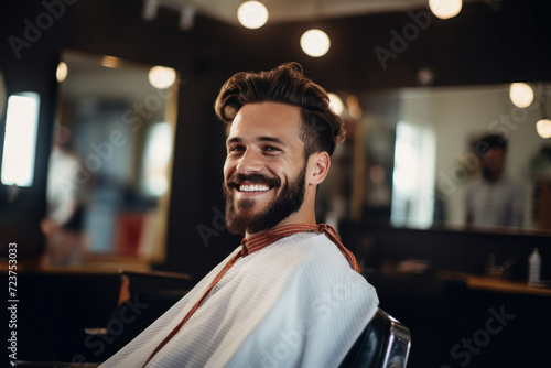 A cheerful and handsome bearded man in a barbershop, exuding confidence and style.
