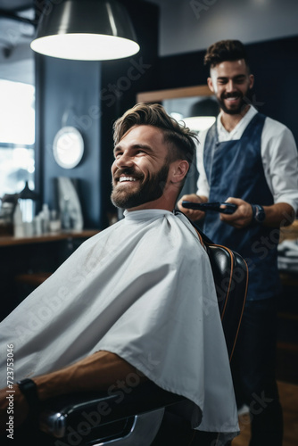 A handsome and stylish man with a moustache and beard laughs in a barbershop.