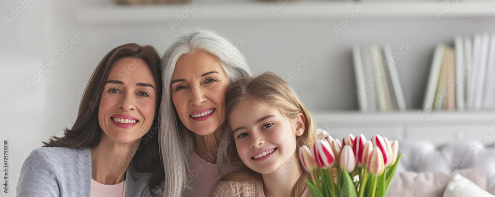Three generations of women smiling together in a cozy home setting, holding pink tulips, radiating happiness, love, and family warmth. Concept of International Women's Day. - obrazy, fototapety, plakaty 