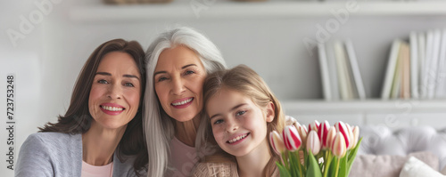 Three generations of women smiling together in a cozy home setting, holding pink tulips, radiating happiness, love, and family warmth. Concept of International Women's Day.