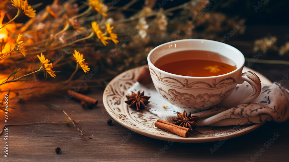 A warm glass of herbal tea surrounded by autumn leaves, a lit candle, creating a cozy fall atmosphere.