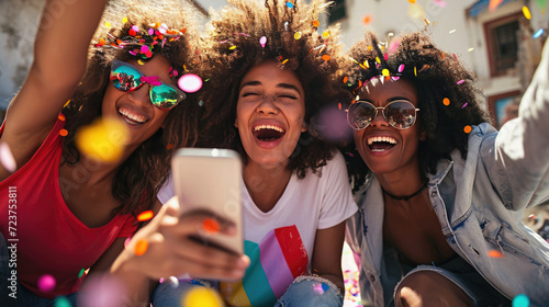 Joyful friends are taking a selfie during a celebration with confetti flying around them.