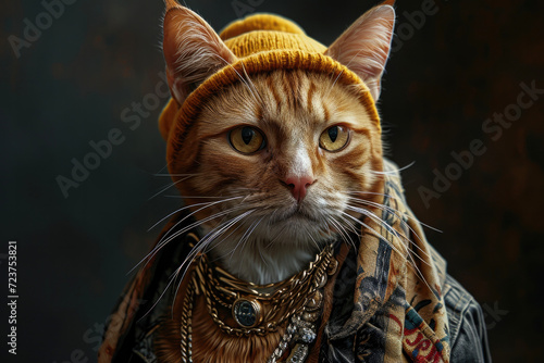 Gangsta style rapper DJ cat with gold chains and wool cap on his head. Youth and neighborhood lifestyle. Artistic, abstract sketch of generative AI.