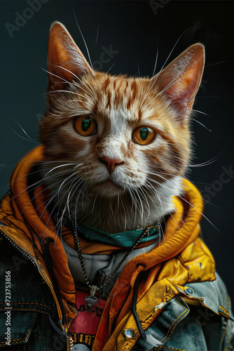 Portrait of street gang cat dressed in hoodie on dark background. Artistic and creative sketch generated by AI.