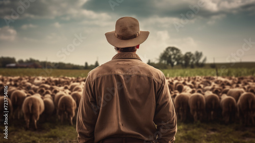 Farmer with sheep herd on background. Shepherd in hat watching at sheep