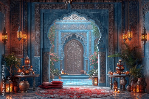 Arabian Nights Themed Living Room with Blue Arched Doorway Generative AI photo