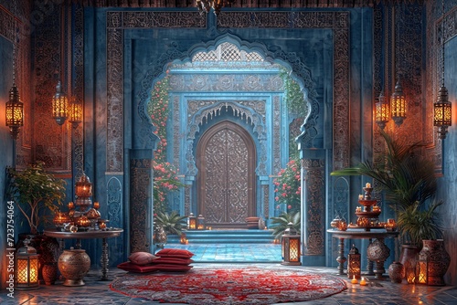 Arabian Nights Themed Living Room with Blue Arched Doorway Generative AI