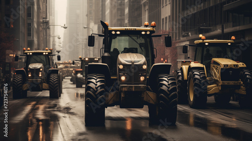 Tractors block streets realistic photo. Farmers strike wallpaper