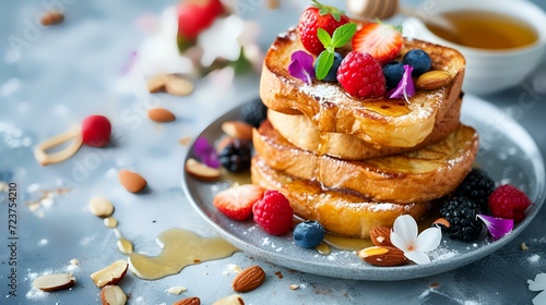 French toast with honey, berries, and nuts on a gray background. photo