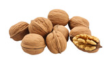 walnuts stack with half view on white or PNG transparent background.