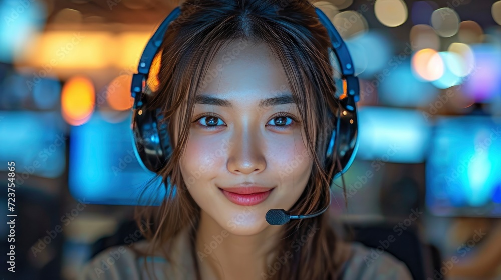 Engaging Asian Female Call Center Agent with Headset in High-Tech Office - Enhancing Customer Experience - AI Generated Image Engaging Asian Female Call Center Agent with Headset in High-Tech Office - Enhancing Customer Experience - AI Generated Image