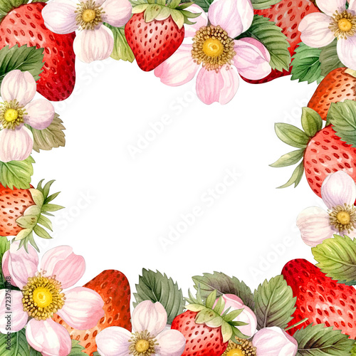 Frame with strawberries and pink flowers and with green leaves. Summer juicy rustic rustic berry background in watercolor style for photos.