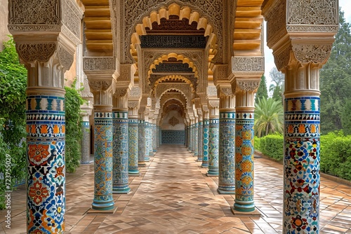 Arabian Architectural Marvel: A Majestic Walkway Through a Stunning Moorish Castle Generative AI