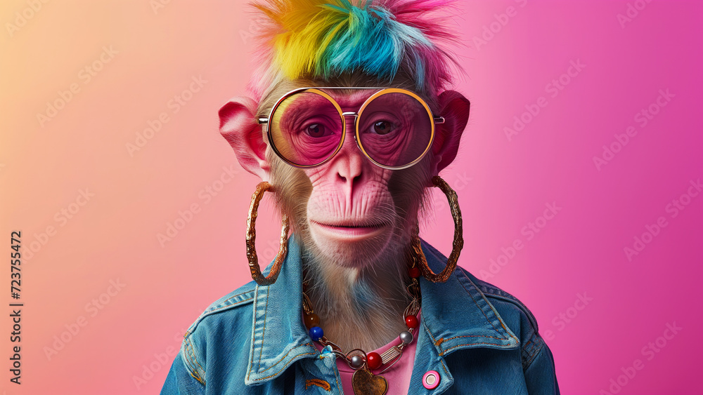 Portrait of anthropomorphic female monkey chimpanzee with a rainbow mohawk and funky glasses wearing denim jacket on a minimal pink gradient background. Fantasy character concept Portrait of anthropomorphic female monkey chimpanzee with a rainbow mohawk and funky glasses wearing denim jacket on a minimal pink gradient background. Fantasy character concept