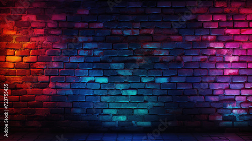 Brick wall background  neon colorful lights grunge texture or pattern for design. Generative ai