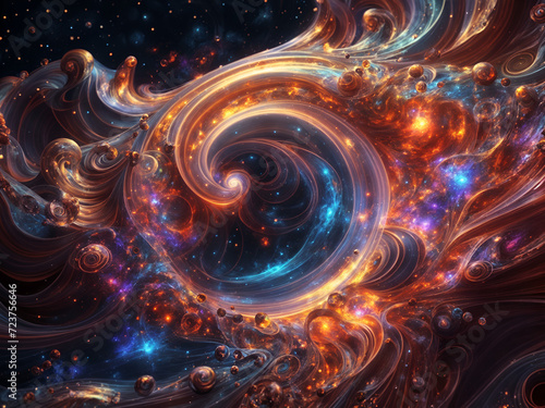 a swirling vortex of orange  blue  and purple colors. The colors are bright and vivid  creating a dynamic and energetic feel. The vortex is surrounded by a black background  making the colors stand ou