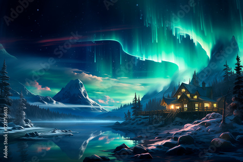 Beautiful winter northern landscape with northern lights. A house on the mountains on the shore of a lake in winter. Ai generative..