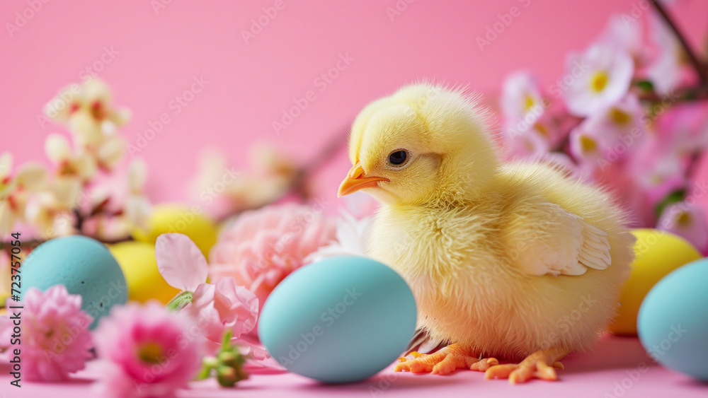 A yellow little chick with blue and yellow eggs and spring blossoms sitting on a pink minimal background. Happy Easter holiday greeting card