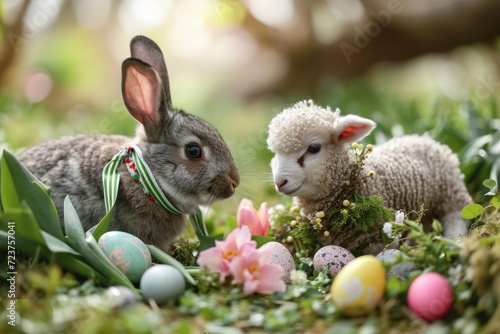 A grey fluffy rabbit with a festive ribbon and a little lamb among painted eggs sitting in a garden spring garden. Happy Easter holiday concept © Cherstva