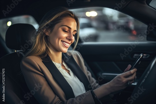 Businesswoman in car typing sms on mobile phone. Smiling female driver sits in car © lenblr