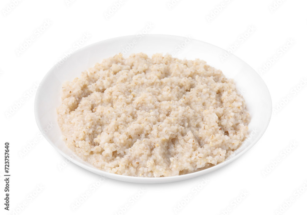 Delicious barley porridge in bowl isolated on white Delicious barley porridge in bowl isolated on white