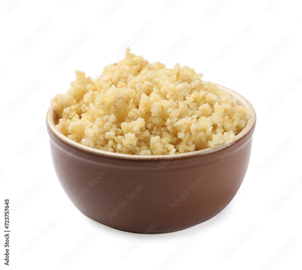 Delicious bulgur in bowl isolated on white Delicious bulgur in bowl isolated on white