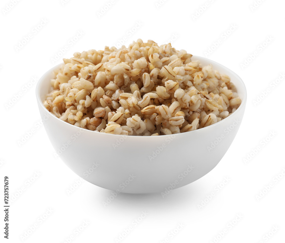 Delicious pearl barley in bowl isolated on white