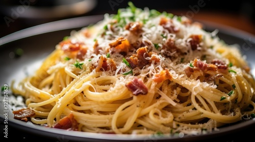 Delicious pasta with bacon and sauce. Italian cuisine. Recipe.