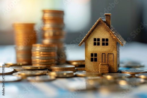 House with stacked coins depicting rising mortgage interest rates.Generative ai. photo