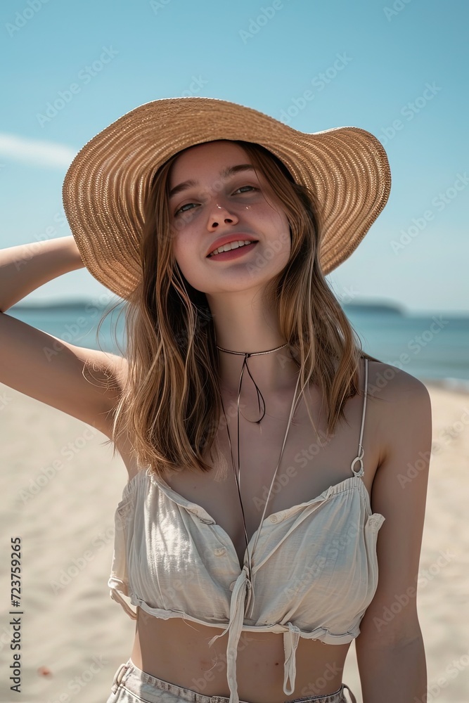 Serenity meets happiness as she immerses herself in the beauty of the seaside. Young caucasian woman in straw hat.
