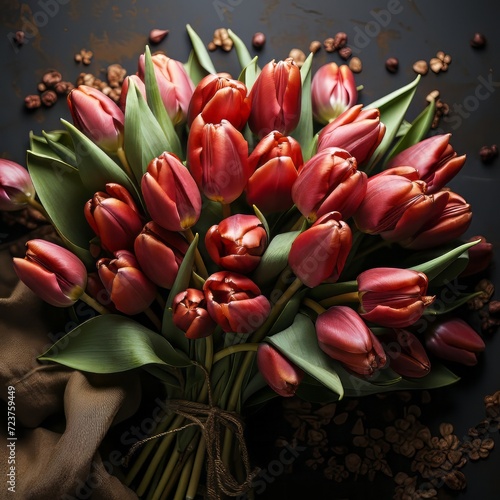 A tulip bouquet with March 8 inscription. Happy March 8th. Women's Day. Mother's Day. Happy Easter