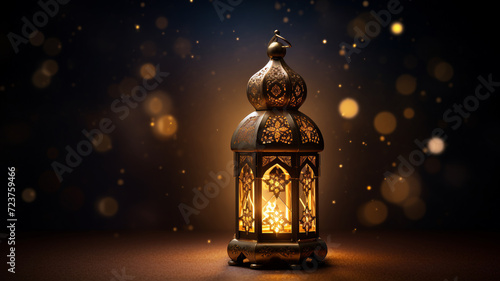 An ornate traditional lantern Ramadan Kareem Islam casting a warm glow with a blurred city skyline during sunset in the background.