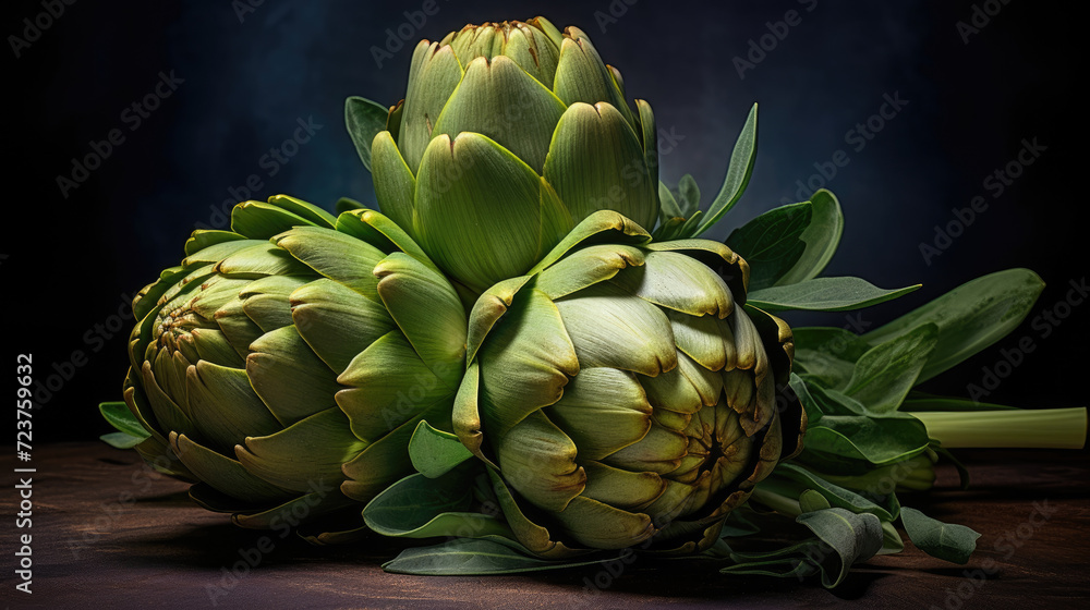 Fototapeta premium Close view of three artichokes with leaves
