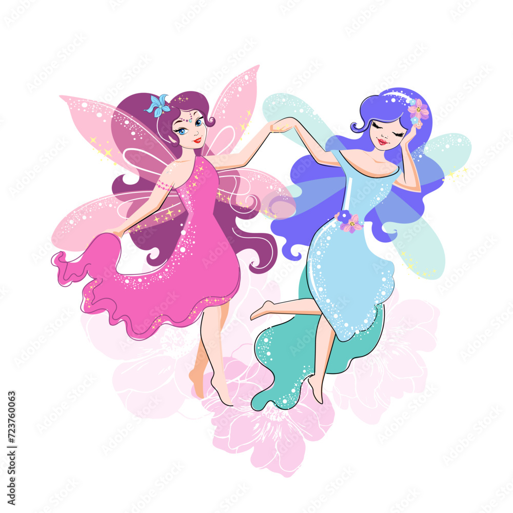 Two beautiful cartoon fairies and a pink flowers isolated on a white background. Vector illustration for children. Valentine's Day concept Two beautiful cartoon fairies and a pink flowers isolated on a white background. Vector illustration for children. Valentine's Day concept
