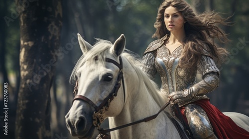 Beautiful female knight in shiny metal riding on a horse. Portrait of an attractive young woman in royal armor riding through a forest. Woman knight riding on a horse. © Valua Vitaly