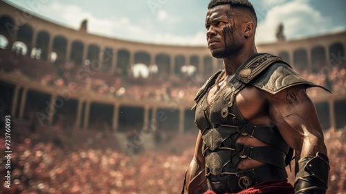 Muscular African gladiator wearing armor. Portrait of a strong African man in metal armor standing inside the coliseum. Closeup of a powerful fighter inside the roman arena.