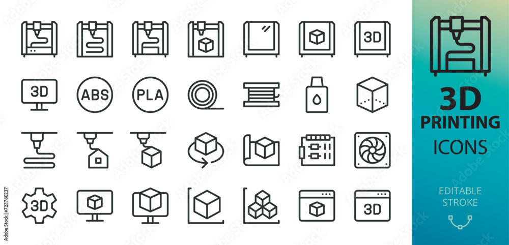 Additive manufacturing and 3D printing icons set. Set of 3D printer, prototyping, modeling, additive technology vector icon with editable stroke
