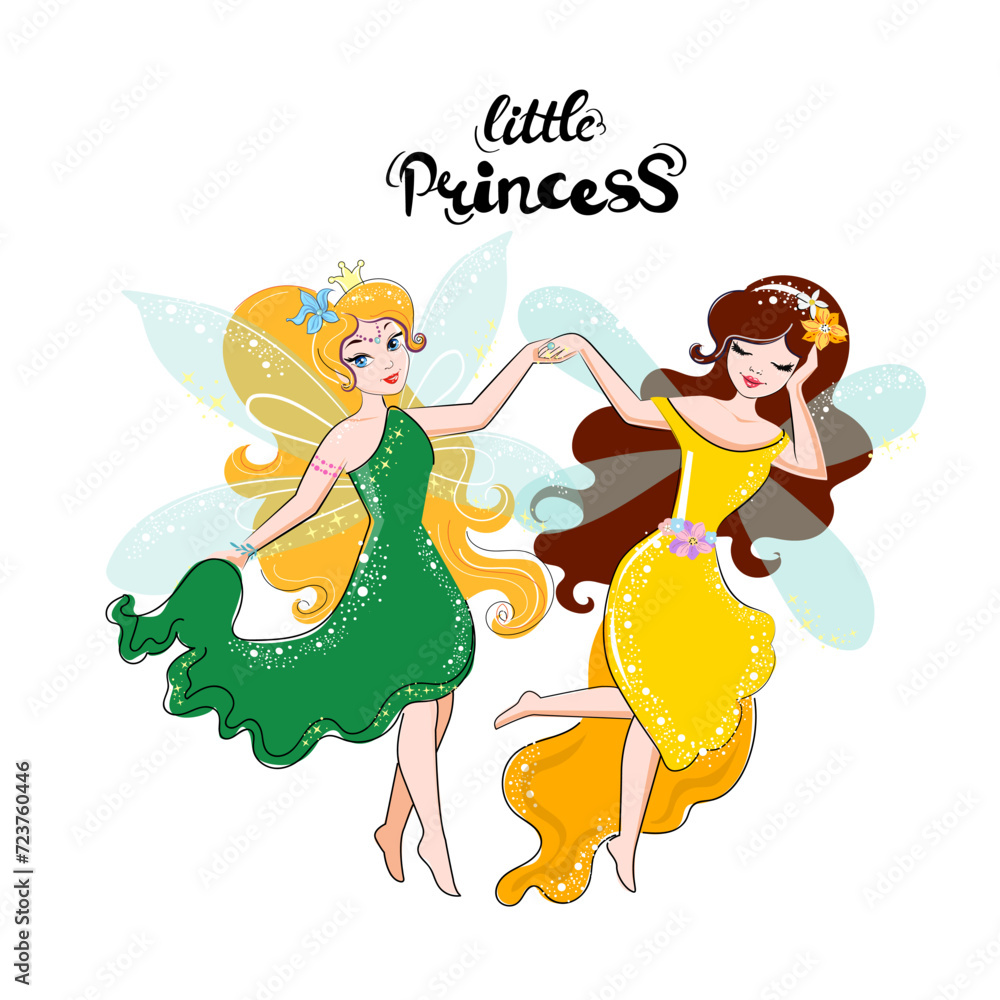 Fototapeta premium Two beautiful cartoon fairies and a rainbow isolated on a white background. Vector illustration for children
