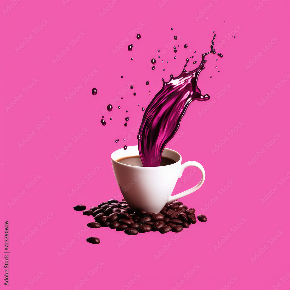 Fototapeta premium Coffee beans and coffee on pink background