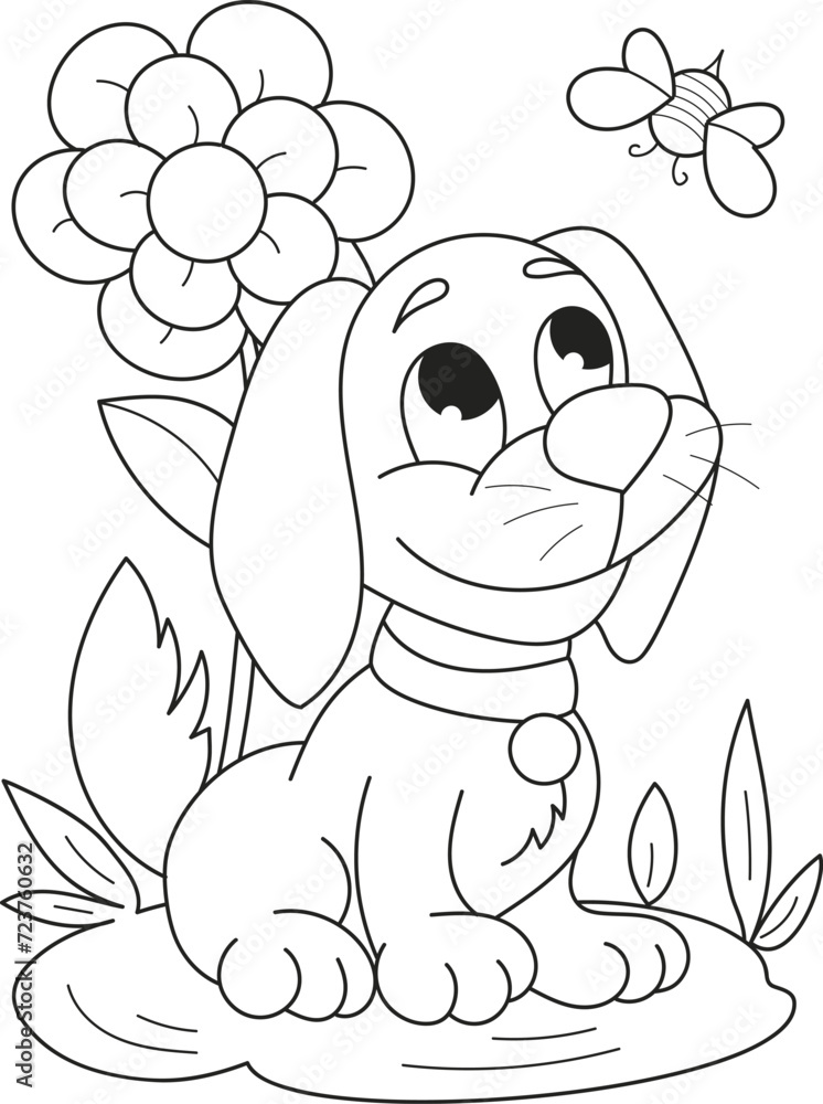 Obraz premium Coloring page outline of the cartoon smiling cute little dog with a bee and a big flower. Colorful vector illustration, summers coloring book for kids.