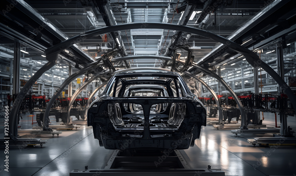 Obraz premium electric car production factory, New vehicle production, An automation manufacturing