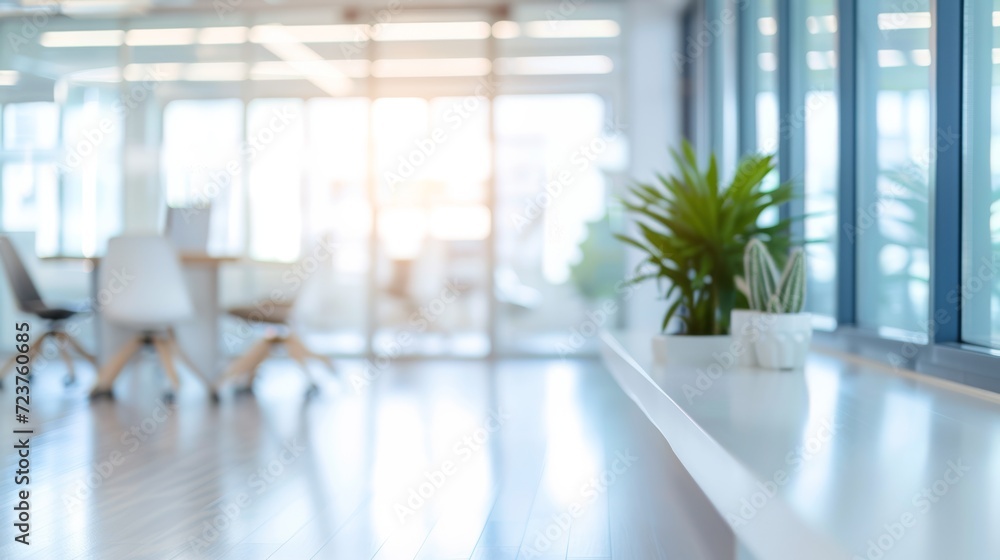 A modern office space blurred background with natural light with a focus on a natural green plant, space for text