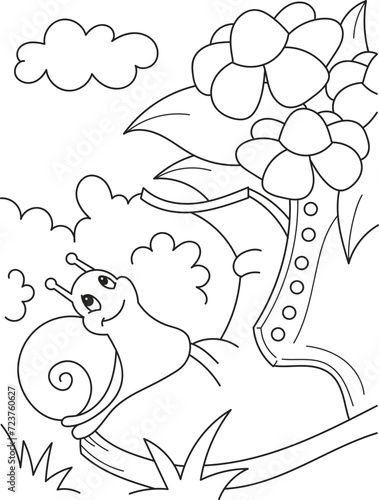 Coloring page outline of cartoon smiling cute snail on a boot. Colorful vector illustration, summer coloring book for kids.