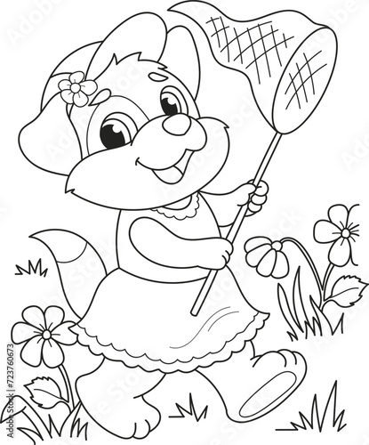 Coloring page outline of cartoon smiling cute little girl dog. Colorful vector illustration, summers coloring book for kids.